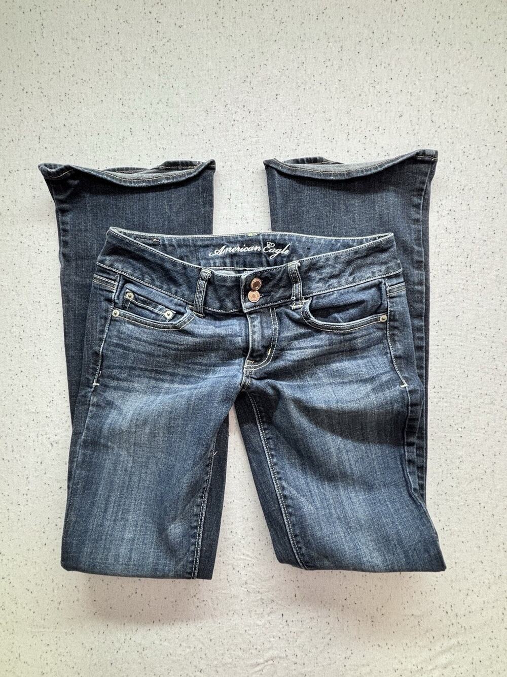 American Eagle Artist Flare Jeans Sz 6 Long Blue Denim Low Rise Stretch Y2K Boho